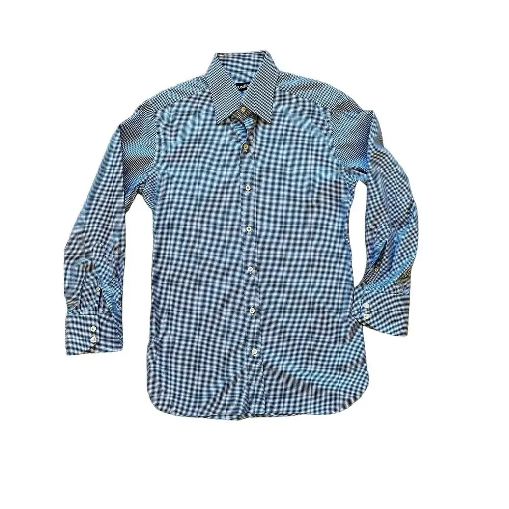 Tom Ford‎ Blue White Micro Check Dress Shirt 39 15.5 Luxury Cotton Tailored